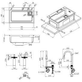 Мойка для кухни Kroner KRP Schwarze-SET7546HMPVD 75х46 см со смесителем и дозатором нержавеющая сталь черный PVD CV032277