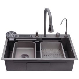 Мойка для кухни Kroner KRP Schwarze-SET7545NGPVD 75х46 см со смесителем и аксессуарами нержавеющая сталь черный PVD CV033806