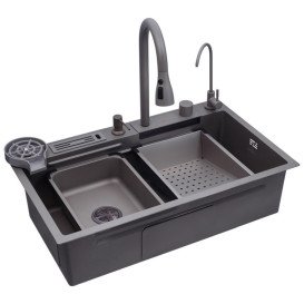 Мойка для кухни Kroner KRP Schwarze-SET7545NGPVD 75х46 см со смесителем и аксессуарами нержавеющая сталь черный PVD CV033806