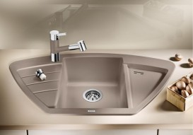 Мийка для кухні кутова BLANCO ZIA 9 E SILGRANIT трапециевидная врізна сірий беж 514763