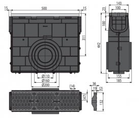 Пескоуловитель для дренажного каналу AlcaPlast AVZ103 з гратами з композитного матеріалу С250 AVZ103R-R403