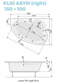 	Ванна акриловая угловая PoolSpa коллекция Klio Asym 150х100 R правая с ножками белый PWAC310ZN000000