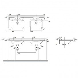 Раковина для ванної подвійна Kerasan Waldorf підвісна 150х55 см санфарфор біла бронза 4143K3