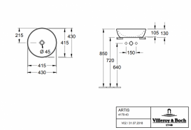 Раковина для ванної накладна Villeroy & Boch ARTIS 43 см без відп. під змішувач альпін-білий 417943R1
