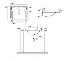 Раковина для ванной подвесная или на пьедестал Kerasan Waldorf 60x55 санфарфор черный глянцевый золото 4140K5