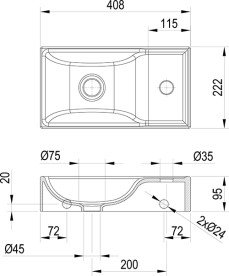 Раковина для ванної Ravak Veda 40,8х22,2 см отвір зліва кераміка білий XJXL1240000