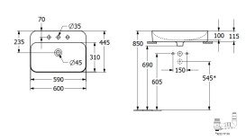 Раковина Villeroy & Boch Finion 60х44,5 см без перелива TitanCeram CeramicPlus каменный белый 414261RW