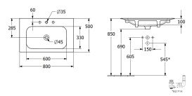 Раковина Villeroy & Boch Finion 80х50 см со скрытым переливом TitanCeram CeramicPlus альпийский белый 416484R1
