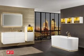 Шкафчик для ванной Villeroy & Boch Finion 41,8х93,6х27 см петли слева с подсветкой МДФ глянцевый белый лак/золотой матовый лак G500HFGF