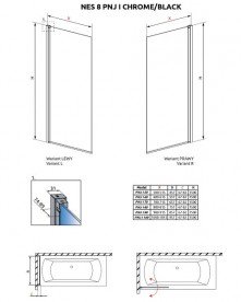 Шторка для ванної Radaway Nes 8 Black PNJ I 90 права чорний/прозоре скло 10061090-54-01R