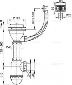 Сифон для мийки AlcaPlast з нержавіючої гратами і гофроперелівом A447-DN50 / 40