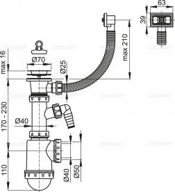 Сифон для мойки AlcaPlast с решёткой переливом и штуцером A444P-DN50/40