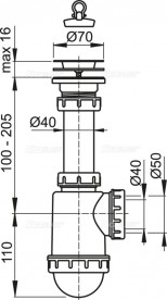 Сифон для мойки AlcaPlast c peшeткой из нержавеющей стали A441-DN50/40