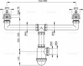 Сифон для сдвоенной мойки AlcaPlast с решетками из нержавеющей стали A449-DN50/40