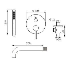 Змішувач для ванної VBI Milano прихованого монтажу з душовим гарнітуром чорний VBI-050107BL