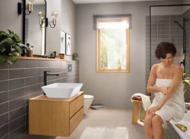 Змішувач для раковини Hansgrohe Rebris E CoolStart із зливним гарнітуром одноважільний чорний матовий 72581670