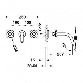 Змішувач для раковини Tres Mont Blanc двовентильний настінний матове золото 28330002OPM