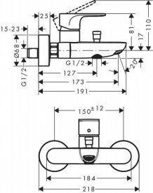 Змішувач для ванної Hansgrohe Rebris S на 2 споживачі настінний одноважільний хром 72440000