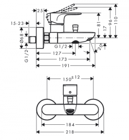 Смеситель для ванной Hansgrohe Rebris S на 2 потребителя настенный однорычажный черный матовый 72443670