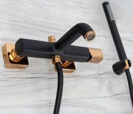 Смеситель для ванной Rea Salto одновентильный с душевым гарнитуром черный/розовое золото REA-B6352