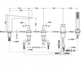 Смеситель для ванной TOTO Jewelhex врезной на 5 отверстий с ручным душем хром DB223C