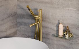 Змішувач для ванни Besco Zea підлоговий з душовим гарнітуром світло-золотий BW-Z-JZ