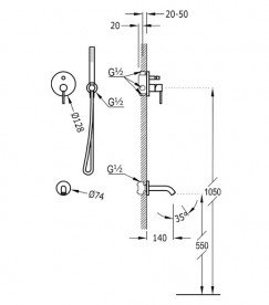 Змішувач для ванни Tres Study colors вбудований з ручним душем помаранчевий 26218003TNA