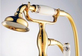 Змішувач двохвентильний Kraus Apollo підлоговий з ручним душем латунь золото KEF-16019G