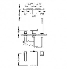 Змішувач на борт ванни Tres Slim-Tres з каскадним виливом та ручним душем хром 20266101