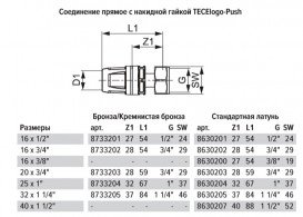 З'єднання пряме TECE TECElogo-Push з накидною гайкою 16х3/8'' латунь/PPSU 8630200
