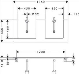 Столешница Hansgrohe Xelu Q 136х55 см с 2 вырезами под раковину 50 см ДСП темный орех 54099630