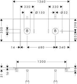Столешница под раковину Hansgrohe Xelu Q 136х55 см с 2 вырезами ДСП натуральный дуб 54118230