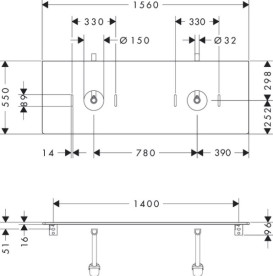 Столешница под раковину Hansgrohe Xelu Q 156х55 см с 2 вырезами ДСП натуральный дуб 54119230