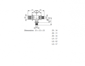 Тройной резьбовой фитинг TECE TECEflex 90° редукционный 25х32х25 латунь 760517