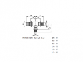 Тройной резьбовой фитинг TECE TECEflex 90° редукционный 32х25х32 латунь 760523