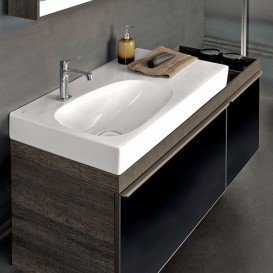 Тумба для раковины Geberit Citterio с двумя выдвижными ящиками и полкой справа ДСП черное глянцевое стекло/серо-коричневый дуб 500.562.JJ.1