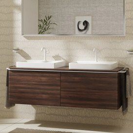 Тумба под раковину подвесная Hansgrohe Xelu Q 156х55 см МДФ темный орех ручка матовый белый 54073700