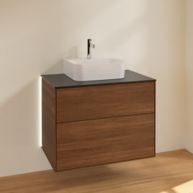 Тумба під раковину Villeroy & Boch Finion 80х50,1 см з підсвічуванням ДСП шпон волоського горіха/скло чорне матове G08200GN