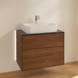 Тумба под раковину Villeroy & Boch Finion 80х50,1 см с подсветкой ДСП шпон грецкого ореха/стекло черное матовое G09200GN