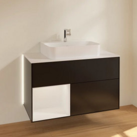 Тумба під раковину Villeroy & Boch Finion 100х50,1 см із підсвічуванням МДФ чорний матовий лак/глянцевий білий лак/скло біле матове G111GFPD