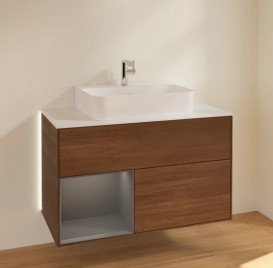 Тумба під раковину Villeroy & Boch Finion 100х50,1 см з підсвічуванням ДСП шпон волоського горіха/антрацит матовий лак/скло біле матове G111GKGN