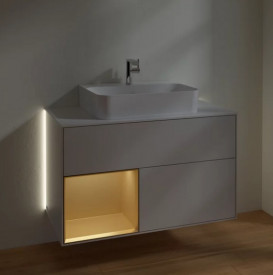 Тумба под раковину Villeroy & Boch Finion 100х50,1 см с подсветкой МДФ светло-серый матовый лак/золотой матовый лак/стекло белое матовое G111HFGJ