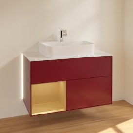 Тумба під раковину Villeroy & Boch Finion 100х50,1 см з підсвічуванням МДФ півонія матовий лак/золотий матовий лак/скло біле матове G111HFHB