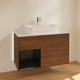 Тумба под раковину Villeroy & Boch Finion 100х50,1 см с подсветкой ДСП шпон грецкого ореха/черный матовый лак/стекло белое матовое G111PDGN