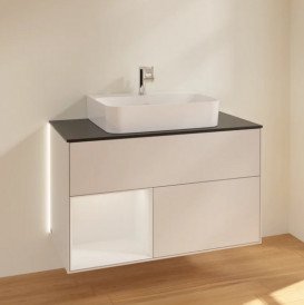 Тумба під раковину Villeroy & Boch Finion 100х50,1 см із підсвічуванням МДФ світло-сірий матовий лак/глянцевий білий лак/скло чорне матове G112GFGJ