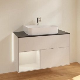 Тумба під раковину Villeroy & Boch Finion 100х50,1 см із підсвічуванням МДФ світло-сірий матовий лак/скло чорне матове G112GJGJ