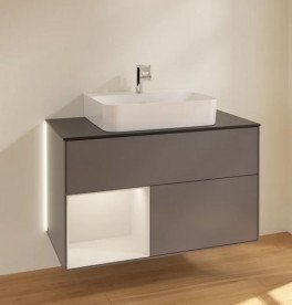 Тумба под раковину Villeroy & Boch Finion 100х50,1 см с подсветкой МДФ антрацит матовый лак/светло-серый матовый лак/стекло черное матовое G112GJGK