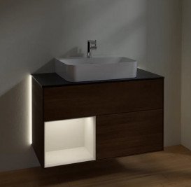 Тумба під раковину Villeroy & Boch Finion 100х50,1 см з підсвічуванням ДСП шпон волоського горіха/світло-сірий матовий лак/скло чорне матове G112GJGN