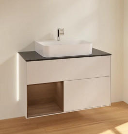 Тумба під раковину Villeroy & Boch Finion 100х50,1 см з підсвічуванням МДФ світло-сірий матовий лак/шпон волоського горіха/скло чорне матове G112GNGJ