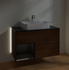 Тумба під раковину Villeroy & Boch Finion 100х50,1 см з підсвічуванням ДСП шпон волоського горіха/чорний матовий лак/скло чорне матове G112PDGN